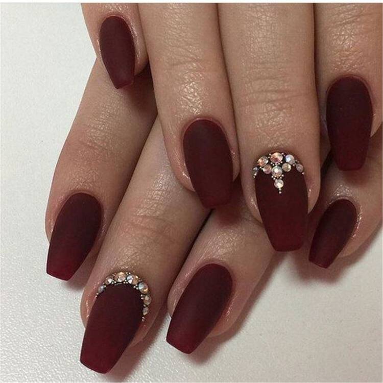 Gorgeous Burgundy Nail Color With Designs For The Coming Valentine's Day; Burgundy Nail; Burgundy Nail Color; Fall Burgundy Nails; Wine Red Stiletto Nails; Burgundy Wine Nail Color; Wine Red Acrylic Nails; Dark Burgundy Red Nail Polish; Valentine's Nail; Valentine's Day #valentinenail #valentine'sday #burgundynail #burgundycolornail #rednail #winerednails