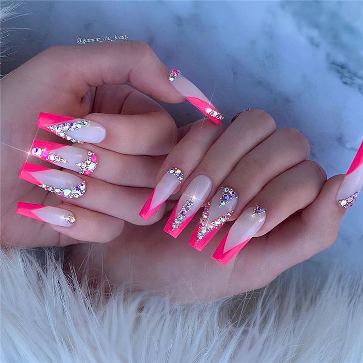 Stunning Long Coffin Nails With Rhinestones You Must Love; Coffin Nails; Long Coffin Nails; Rhinestone Nails; Nails With Rhinestones; Nails #nails #coffinnails #longcoffinnails #rhinestonenails