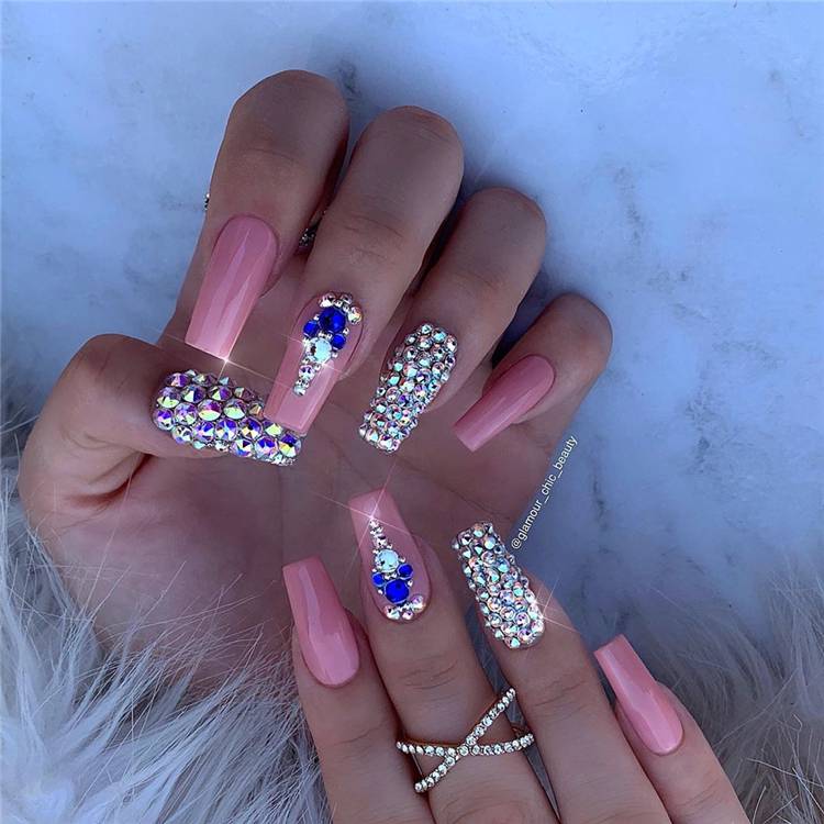 Stunning Long Coffin Nails With Rhinestones You Must Love; Coffin Nails; Long Coffin Nails; Rhinestone Nails; Nails With Rhinestones; Nails #nails #coffinnails #longcoffinnails #rhinestonenails