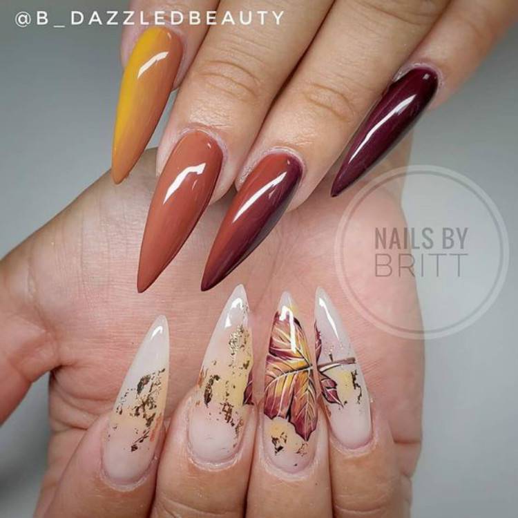Pretty Fall Leaf Nail Designs You Must Try;Fall Nail; Autumn Nail; Fall leaf Nail Design; leaf Nail Design; Fall leaf Square Nail; Fall leaf Coffin Nail; Fall leaf Almond Nail; Fall leaf Stiletto Nails; Nails; Fall leaf Nail Color #fallnail #fallleafnaildesign #autumleafnnail #nail #falllongnails #fallsquarenail #fallstilettonail #fallcoffinnail #coffinnail #leafnail 