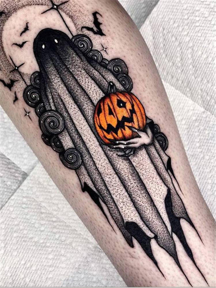 Amazing And Gorgeous Halloween Tattoo Designs You Must Love; Halloween Tattoo; Halloween; Tattoo; Tattoo Designs; Pumpkin Tattoo; Ghost Tattoo; Bat Tattoo; Scary Tattoo #tattoo #halloween #halloweentattoo #pumpkintattoo #ghosttattoo #battattoo #scarytattoo