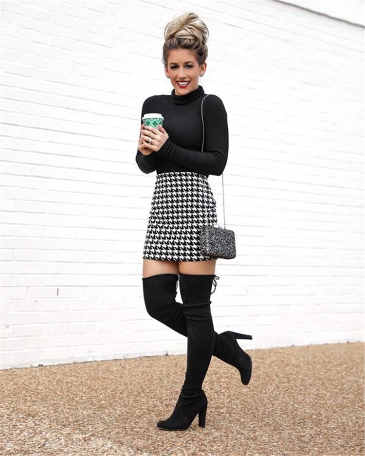 Classic And Gorgeous Fall Outfits With Over-The-Knee Boots; Fall Outfits; Outfits; OTK Boots Outfits; Over-The-Knee Boots Outfits; Sweater; Leather Dress; Skirt #OTKbootsoutfits #falloutfits #boots #fallboots #overthekneeboots #girloutfits #fallbootsoutfits 