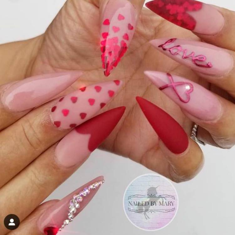 Lovely And Gorgeous Nail Designs For Your Valentine's Day; Valentine's Day nails; Square Valentines Nail; Coffin Valentines Nail; Stiletto Valentines Nail; Romantic heart shape nails; acrylic nails;Heart Shape Nails; #valentine #valentinenail #nails #naildesign #chicnails #squarevalentinesnail #coffinnail 