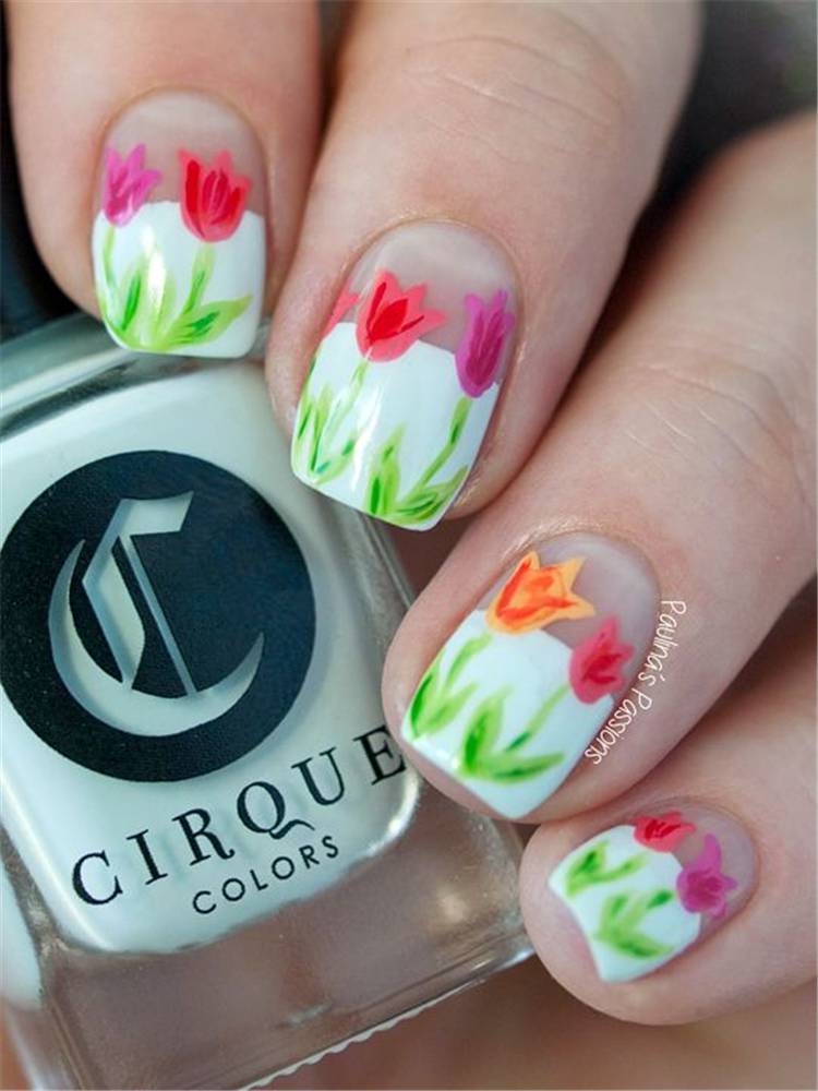 Pretty Spring Floral Nail Arts To Make You Blooming; Floral Nails; Lovely Nails; Nails; Square Nails; Nail Design; Flower Nails; Rose Nails; Daisy Nails; Rose Nails; Tulip Nails #nails #flowernails #squarenail #naildesign #floralnails #squarenails #tulipnails #daisynails #rosenails