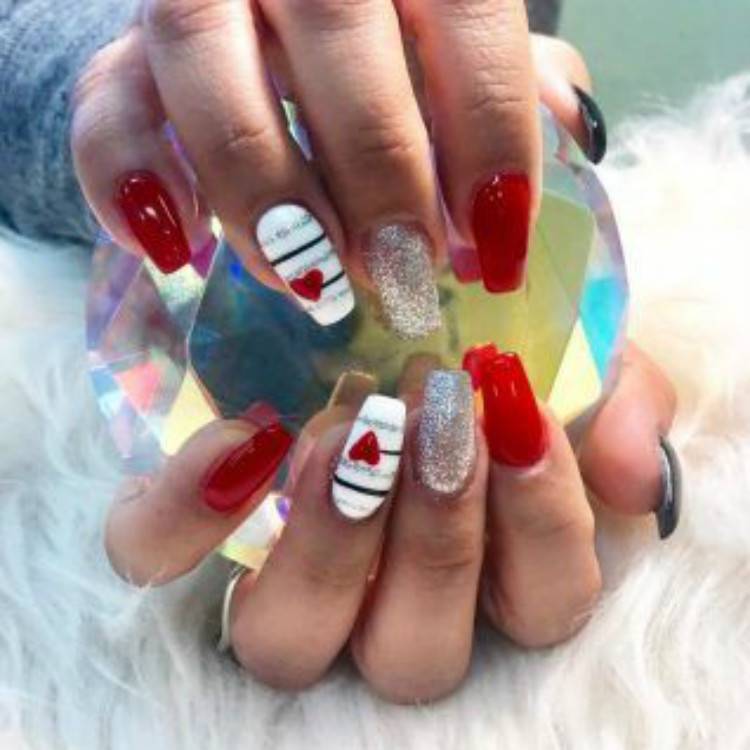 Lovely And Gorgeous Nail Designs For Your Valentine's Day; Valentine's Day nails; Square Valentines Nail; Coffin Valentines Nail; Stiletto Valentines Nail; Romantic heart shape nails; acrylic nails;Heart Shape Nails; #valentine #valentinenail #nails #naildesign #chicnails #squarevalentinesnail #coffinnail 