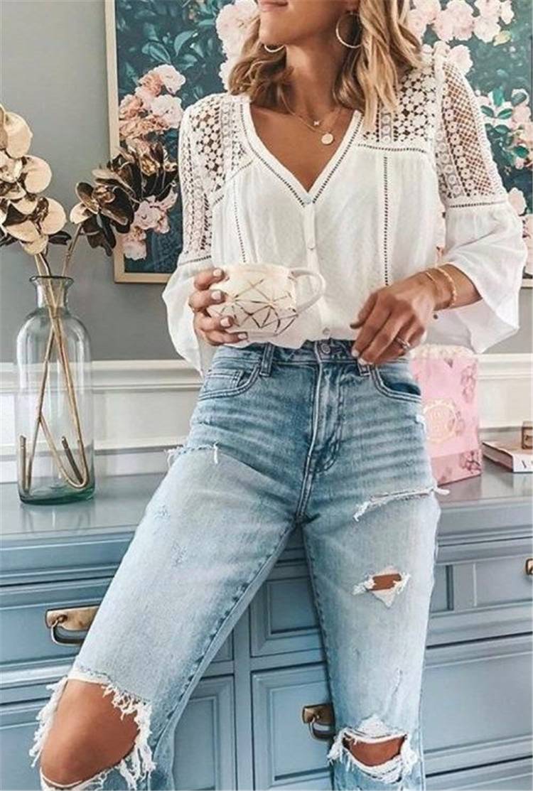 Stunning Spring Outfits To Make You Beautiful All The Time; Spring Outfits; Outfits; Spring Striped Long Dress; Spring Ripped Jeans Outfits; Long Shirts Outfits; Spring Dress; Spring Demin Jacket Outfits; Cute Spring Outfits; Spring #springoutfits #outfits #springshirtoutfits #springdress #springrippedjeans #springlongdress #springstirpeddress