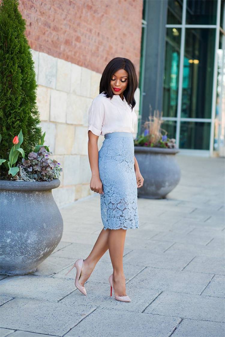 Stunning Spring Work Outfits To Make You Glam; Spring Outfits; Outfits; Spring Skirt; Spring Blouse Outfits; White Shirt Outfits; Spring Lace Dress; Spring Culottes; Cute Spring Outfits; Spring Work Outfits #springoutfits #outfits #springshirtoutfits #springskirt #springculottes #springlacedress #whiteshirt