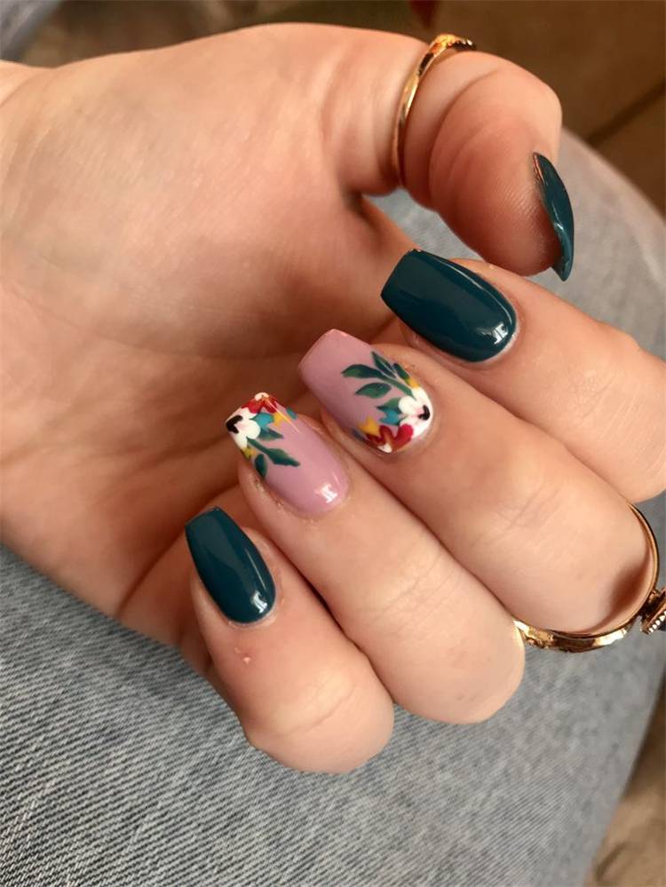 Gorgeous Spring Nail Designs With Different Accents; Floral Nails; Spring Nails; Nails; Square Nails; Nail Design; Red Accent Nails; Yellow Accent Nails; Green Accent Nails; #nails #flowernails #squarenail #naildesign #floralnails #squarenails #redaccentnails #greenaccentnails #yellowaccentnails