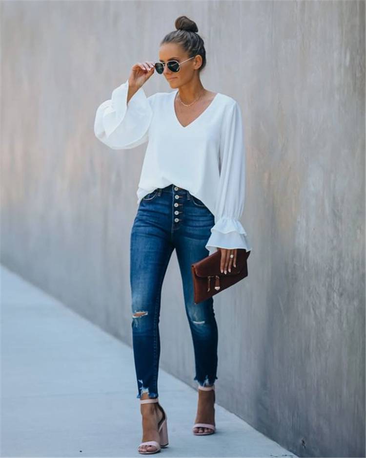Fresh And Cool Spring Outfits With A White Shirt; Spring Outfits; Outfits; Spring Skirt; Spring Ripped Jeans Outfits; White Shirt Outfits; Spring Black Pants; Spring Black Skirt Outfits; Cute Spring Outfits; Spring #springoutfits #outfits #springshirtoutfits #springskirt #springrippedjeans #springblackpants #whiteshirt