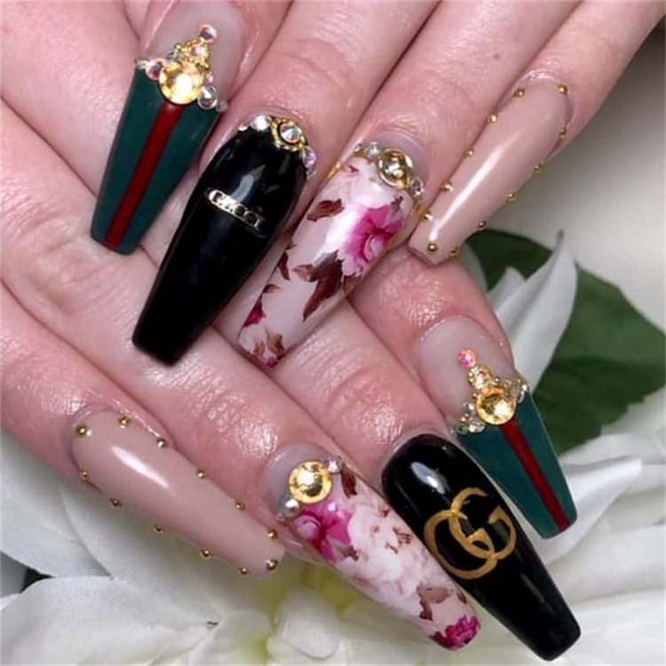 Luxury Nail Designs To Make You Look Stylish And Glam; Luxury Nail; Nail; Nail Design; Chanel Nail Design; LV Nail Design; Gucci Nail Design; Coffin Nail; Stiletto Nail; #luxurynail #nail #naildesign #guccinail #lvnail #chanelnail #stilettonail #coffinnail