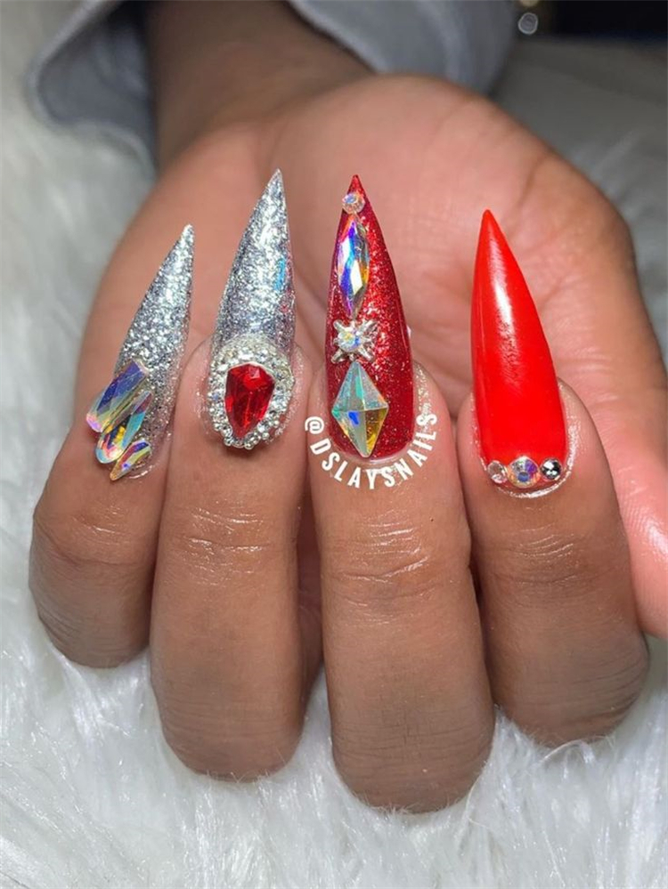 Gorgeous Winter Nail Designs To Make You Look Stunning; Rhinestones Nails; Winter Nails; Winter Square Nails; Winter Coffin Nails; Winter Stiletto Nails; Holiday Nails #nailsdesign #christmasnails #nails #wintercoffinnails #winterstilettonails #holidaysquarenails #holidaynails #winternails