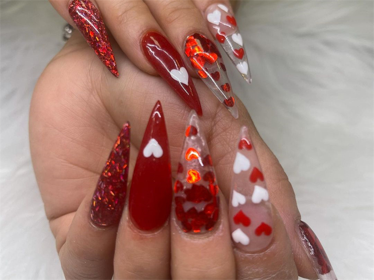 Cute And Stunning Valentine's Nail Designs For Your Romance; Valentine's Day nails; Square Valentines Nail; Coffin Valentines Nail; Stiletto Valentines Nail; Romantic heart shape nails; acrylic nails;Heart Shape Nails; #valentine #valentinenail #nails #naildesign #chicnails #squarevalentinesnail #coffinnail#stilettonail #squarenail