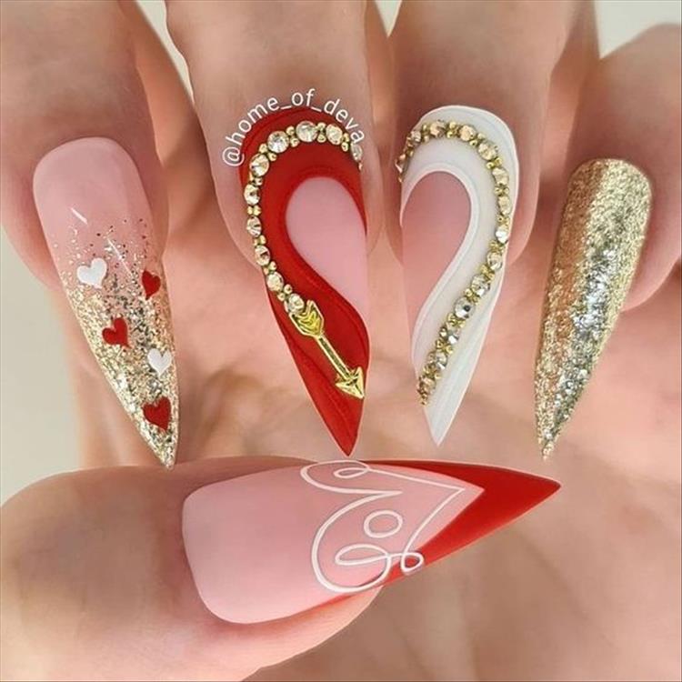 Amazing Valentine's Nail Designs To Keep Your Heart Flipped; Valentine's Day nails; Square Valentines Nail; Coffin Valentines Nail; Stiletto Valentines Nail; Romantic heart shape nails; acrylic nails;Heart Shape Nails; #valentine #valentinenail #nails #naildesign #chicnails #squarevalentinesnail #coffinnail