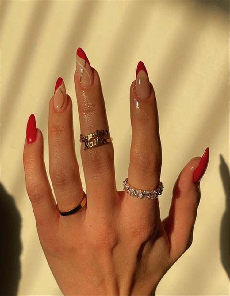 Elegant And Gorgeous Red Nail Designs For You; Red Nail; Nail; Nail Design; Red Short Nail; Coffin Red Nail; Stiletto Red Nail; Diamond Nail; Crystals Nails; Glitter Nails; #nail #naildesign #nailart #rednail #redshortnail #coffinrednail #stilettorednail #holidaynail