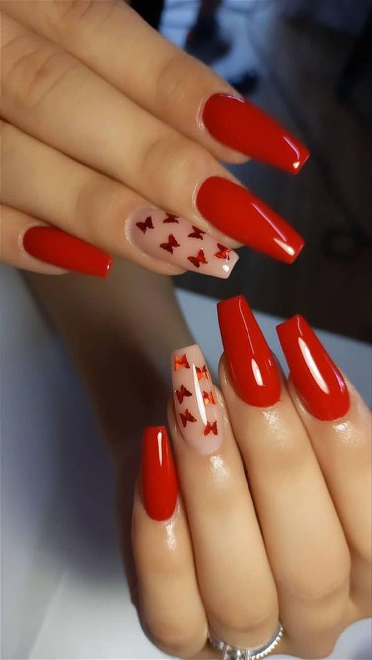 Elegant And Gorgeous Red Nail Designs For You; Red Nail; Nail; Nail Design; Red Short Nail; Coffin Red Nail; Stiletto Red Nail; Diamond Nail; Crystals Nails; Glitter Nails; #nail #naildesign #nailart #rednail #redshortnail #coffinrednail #stilettorednail #holidaynail