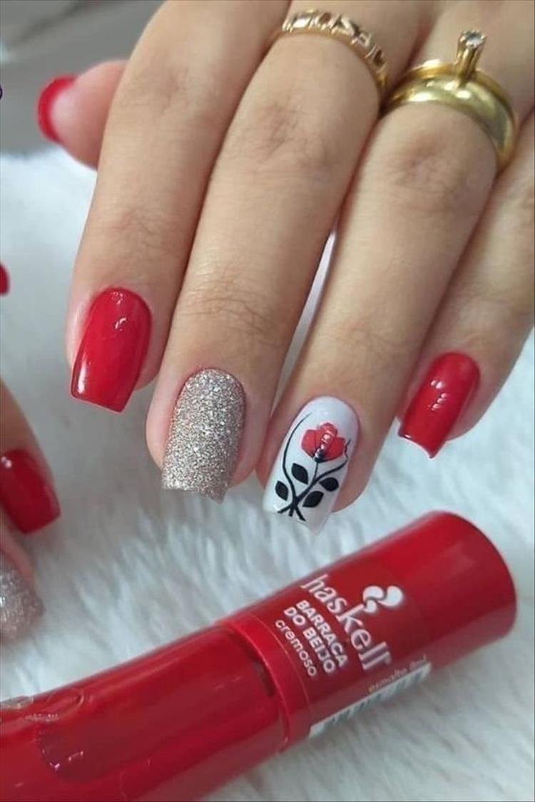 Elegant And Gorgeous Red Nail Designs For You; Red Nail; Nail; Nail Design; Red Short Nail; Coffin Red Nail; Stiletto Red Nail; Diamond Nail; Crystals Nails; Glitter Nails; #nail #naildesign #nailart #rednail #redshortnail #coffinrednail #stilettorednail #holidaynail