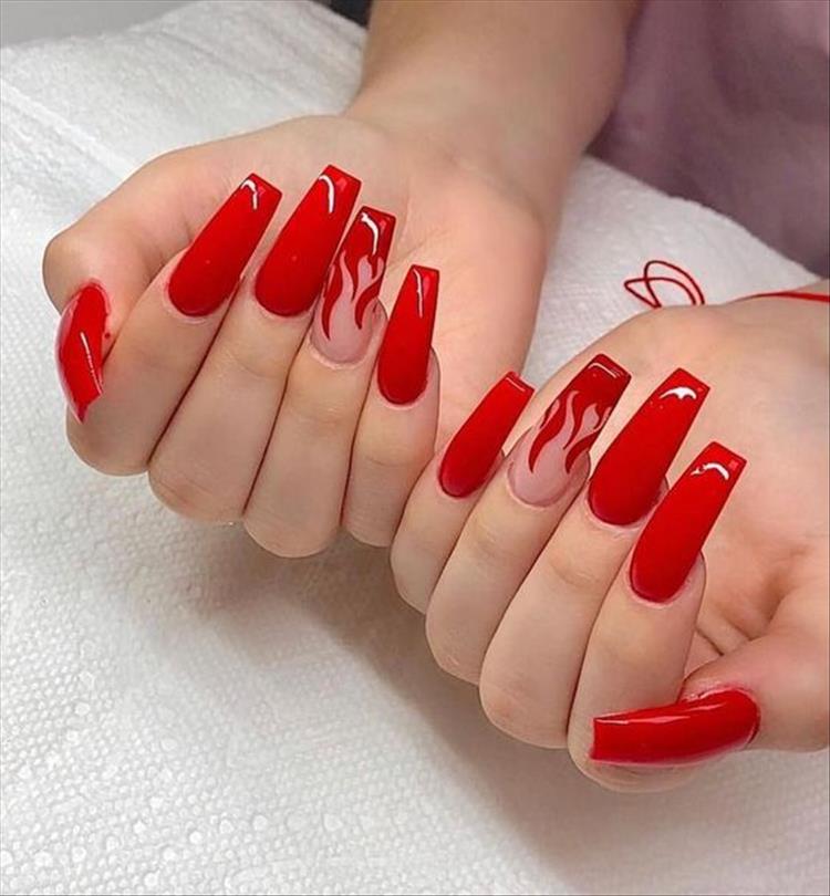 Elegant And Gorgeous Red Nail Designs For You; Red Nail; Nail; Nail Design; Red Short Nail; Coffin Red Nail; Stiletto Red Nail; Diamond Nail; Crystals Nails; Glitter Nails; #nail #naildesign #nailart #rednail #redshortnail #coffinrednail #stilettorednail #holidaynail